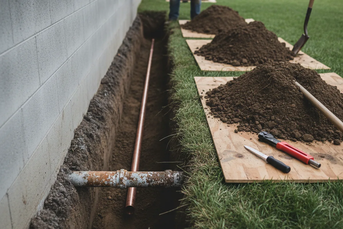 Excavated water line trench during Water Softener Installation in Dunbarton